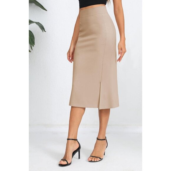 Women's Khaki Stretch Office Fishtail Pencil High Waist Bodycon Slit Midi Skirt - Picture 2 of 6